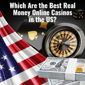 Stacks of $100 bills, a black roulette wheel, black playing cards, dice and an American flag