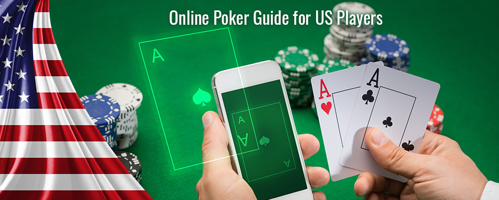 An online poker app, playing cards, casino chips, and the American flag.