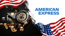 American Express logo, a hand holding casino cards and chips, and the US flag