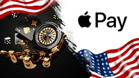 The American flag, the Apple Pay logo, and a hand holding playing cards, cubes, and a roulette wheel