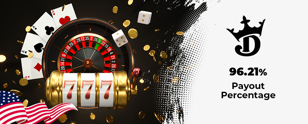 Playing cards, roulette wheel, dice, slot reel, DraftKings logo, gold coins, and an American flag