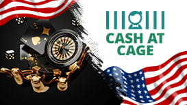 The American flag, the Cash at Cage logo, and a hand holding playing cards, cubes, and a roulette wheel