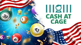 Lottery balls, the American flag, and the Cash at Cage logo