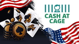 A game of poker, the American flag, and the Cash at Cage logo