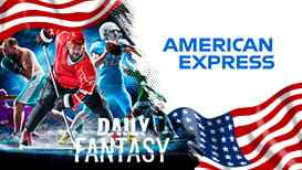 American Express logo, a footballer, a boxer, a hockey player, and the US flag