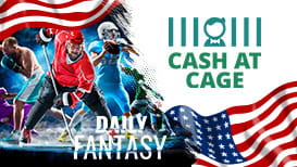 A boxer, an ice hockey player, a footballer, the Cash at Cage logo, and the American flag