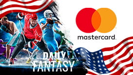 A boxer, a hockey player, and a footballer, the American flag, and the Mastercard logo