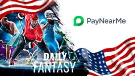A boxer, a hockey player, and a footballer, the American flag, and the PayNearMe logo