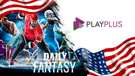 A boxer, a hockey player, and a footballer, the American flag, and the Play+ logo