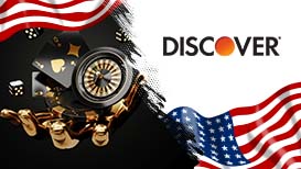 The American flag, the Discover logo, and a hand holding playing cards, cubes, and a roulette wheel