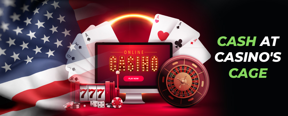 Cash at casino's cage with playing cards, casino chips, dice, roulette wheel, computer with online casino, a slot machine and an American flag.