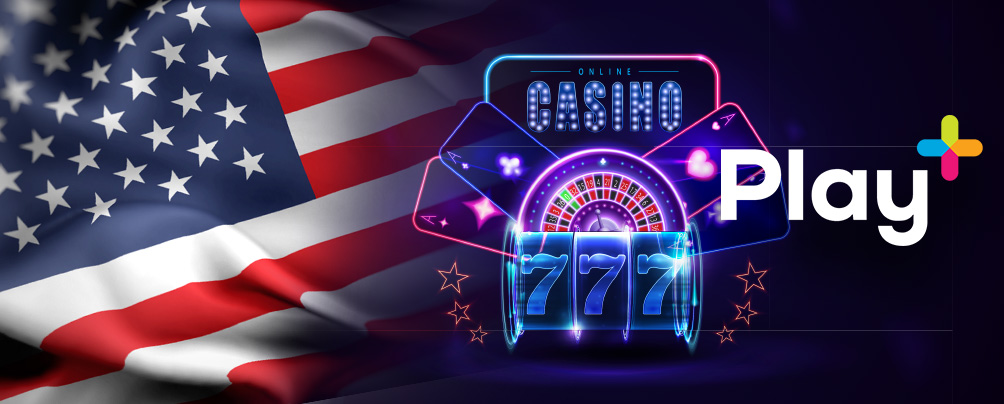Neon playing cards, roulette wheel, online casino sign, neon slot reel, Play + logo, and an American flag.