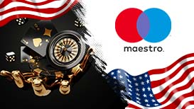 The American flag, the Maestro logo, and a hand holding playing cards, cubes, and a roulette wheel