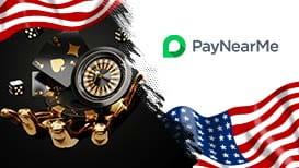 The American flag, the PayNearMe logo, and a hand holding playing cards, cubes, and a roulette wheel