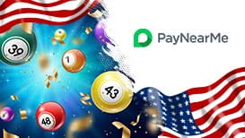 Lottery balls, the American flag, and the PayNearMe logo
