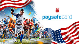 The US flag, Paysafecard logo, and a group of celebrating athletes