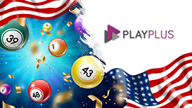 Lottery balls, the American flag, and the Play+ logo