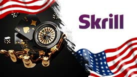 The American flag, the Skrill logo, and a hand holding playing cards, cubes, and a roulette wheel