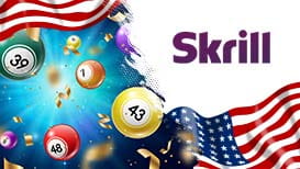 Lottery balls, the American flag, and the Skrill logo