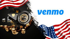 The American flag, the Venmo logo, and a hand holding playing cards, cubes, and a roulette wheel
