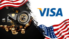 Online casino games, the American flag, and the Visa logo