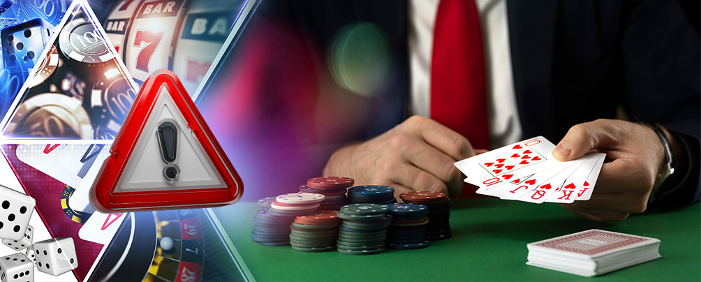 Verschillende casinospellen en een waarschuwingsteken