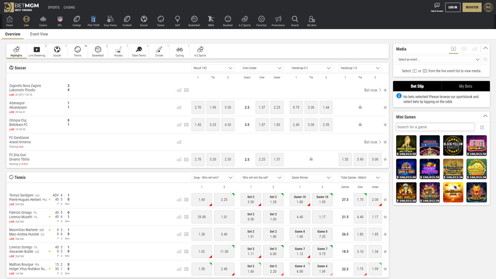 The BetMGM live betting interface in West Virginia