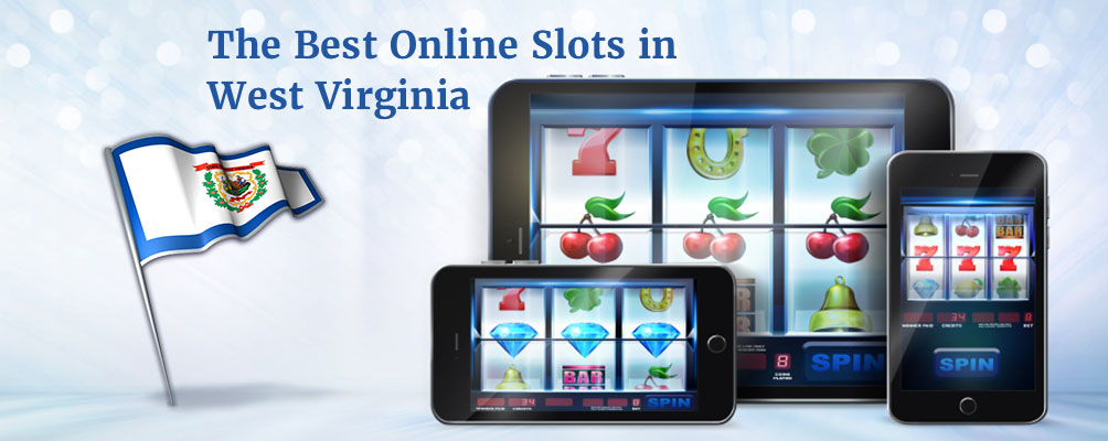 Mobile devices with slots games on the screens, cherries, diamonds and sevens, the flag of West Virginia.