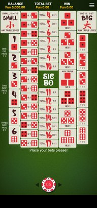 Online sic bo paytable showing payouts for each bet
