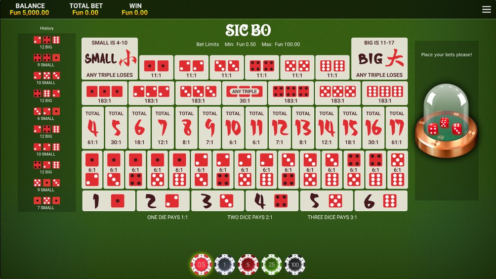 Sic bo table layout at 20Bet with Small and Big, totals, doubles, triples and single numbers