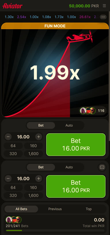 Aviator Game Round in Flight at 1.99x with Two PKR Bet Panels