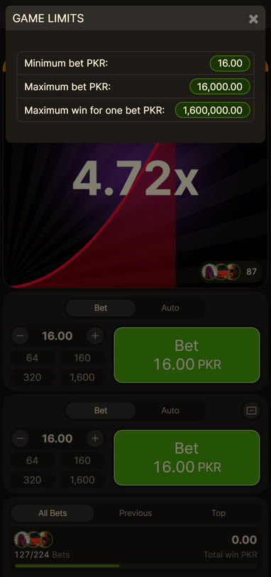 Aviator Game Limits in PKR Showing Minimum Bet, Maximum Bet and Maximum Win