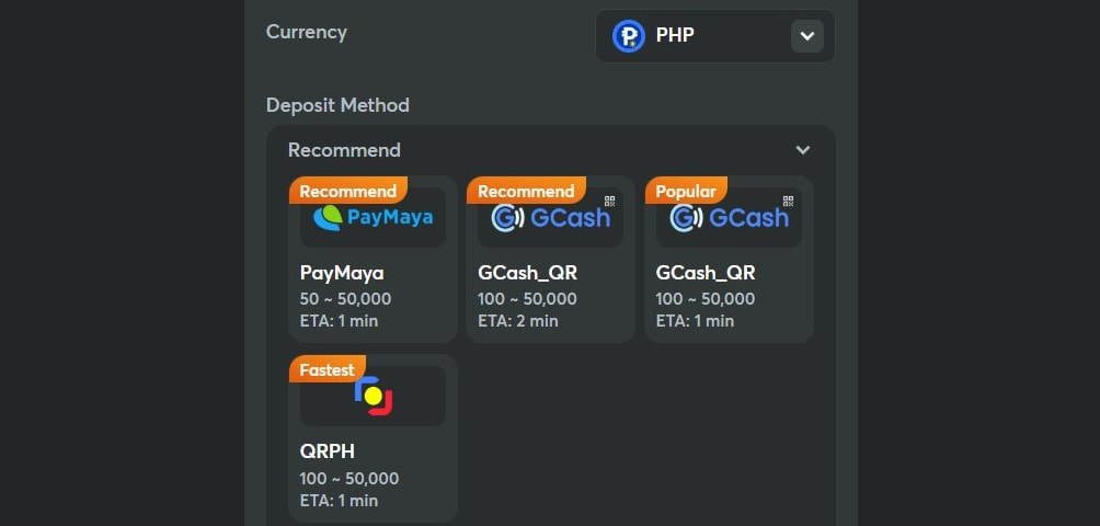 BC.Game cashier set to PHP showing a ₱50 PayMaya minimum and a ₱100 GCash minimum