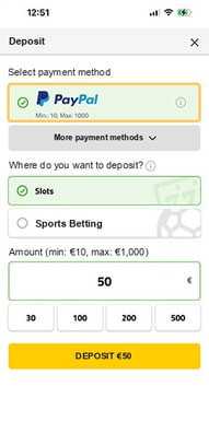 Casino Deposit Screen with the PayPal Deposit Amount Highlighted