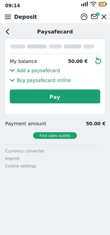Paysafecard Payment Panel Showing the Account Balance and Payment Amount