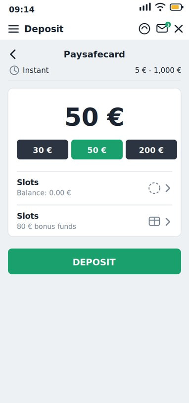 Casino Deposit Screen with a 50 Euro Paysafecard Amount Entered