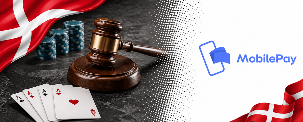 Gavel, cards, MobilePay logo and the Danish flag