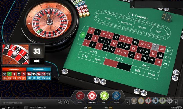 European Roulette Pro demo game running in free play, the wheel and full betting layout