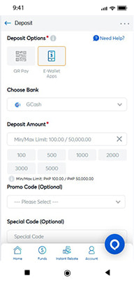 Deposit screen showing GCash payment option