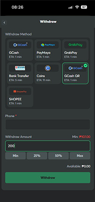 Online Casino Cashier with GCash QR Selected and Withdrawal Amount Entered