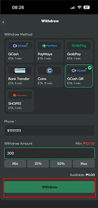 Online Casino Cashier with Submit Withdrawal Button Highlighted
