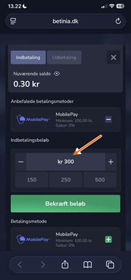 Casino Deposit Screen with the MobilePay Deposit Amount Highlighted