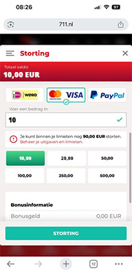 Deposit Screen with Debit Card Selected and Preset Amounts
