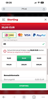 Casinokassa met iDEAL en Stortingsbedrag Gemarkeerd