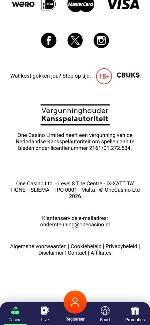 Ksa licence details in the One Casino footer