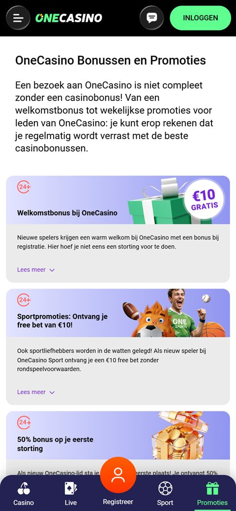 Welcome bonus offers on the One Casino promotions page