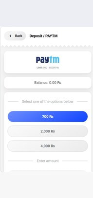 Paytm Deposit Screen with Amount Selection