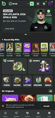 Casino App Displaying Homepage