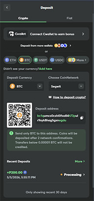 Casino Cashier with BTC Selected