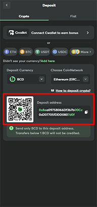 Casino Cashier with Crypto Deposit Address and QR Code Highlighted